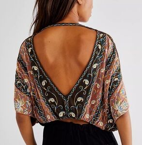 Free People Valley Tee Embroidered Top Size L *Rare*